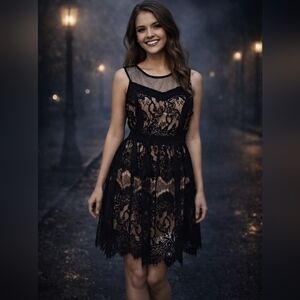 Soieblu‎ Black Cream Lacey Lined Prom Homecoming Wedding Guest Midi Dress Size L